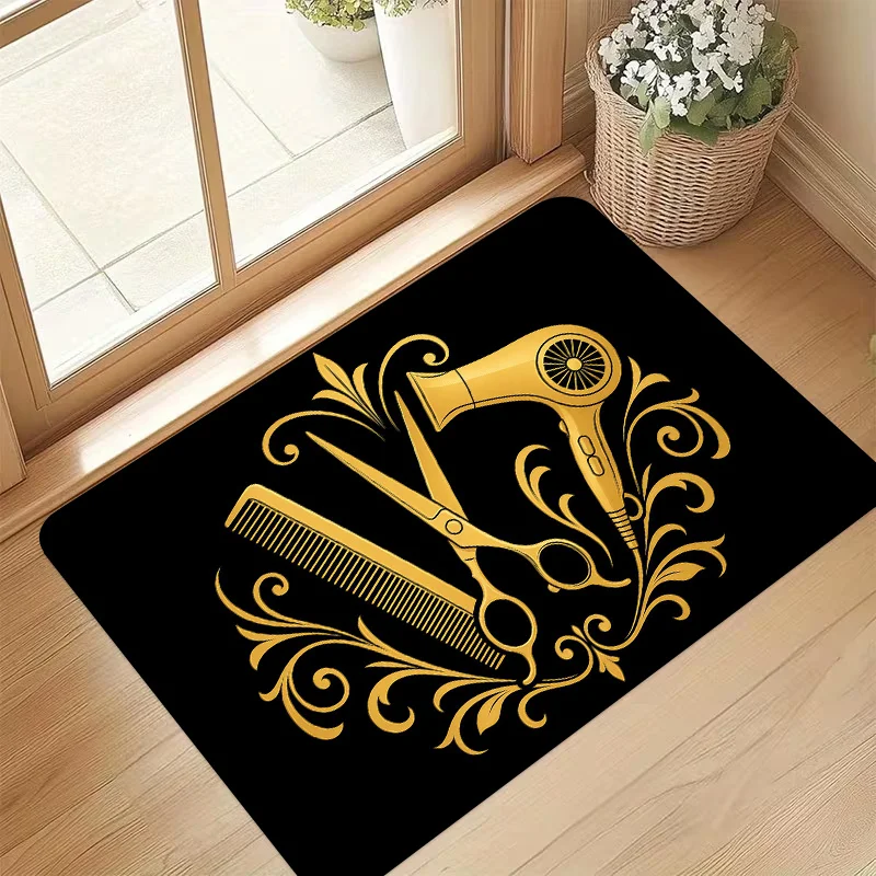 Golden Hair Salon Tool Scissors Dryer Non Slip Doormat Barbershop Vintage Front Entrance Rug Indoor Outdoor Home Floor Decor