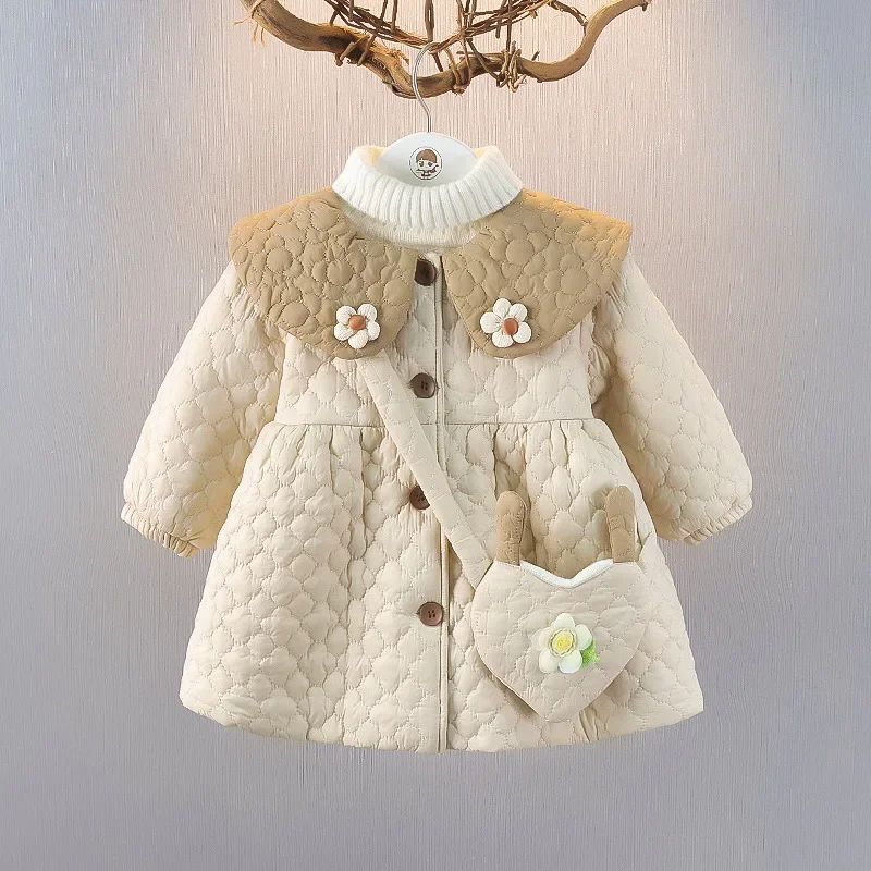 Baby Girl Winter Cotton-padded Jacket Fashionable Children\'s Clothing Leisure Lapel Flower Girl Plus Velvet Coat