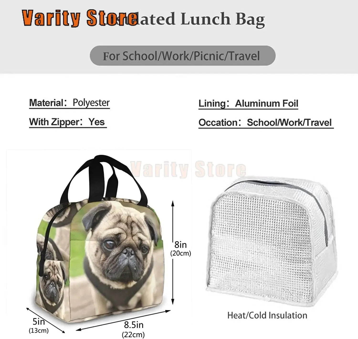 Pug Insulated Lunch Bag For Women Reusable dog Lunch Box Men Food Containers Portable Cooler Bags Reusable Snack Bag