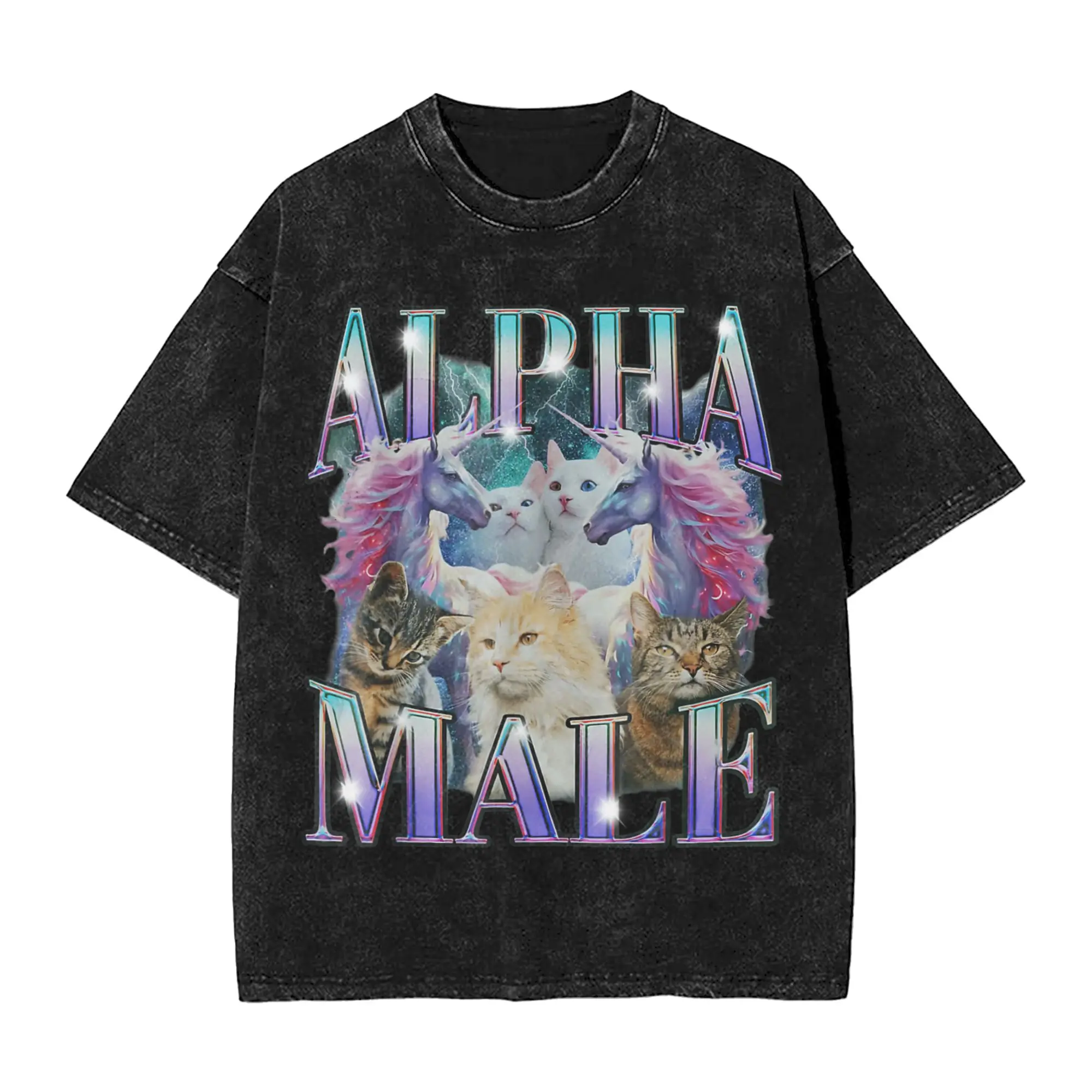 Alpha Male Unicorn Cat Men T Shirts Washed  Vintage Tee Shirt Short Sleeve Crew Neck T-Shirts 100% Cotton Gift Idea Clothes