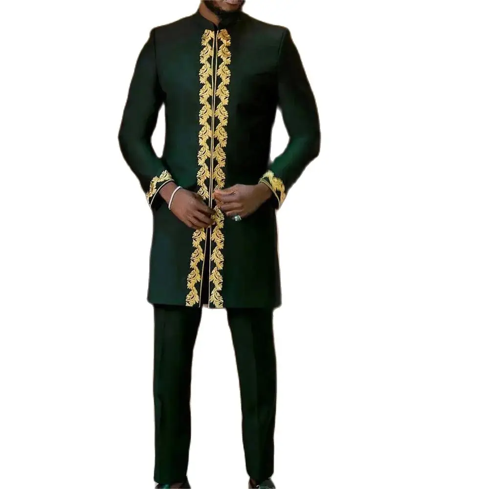 White Kaftan Men\'s Suit Embroidery Floral Top Pants Kaunda Suit African Casual Outfits Wear Traditional 2PCS Set Wedding Tuxedo