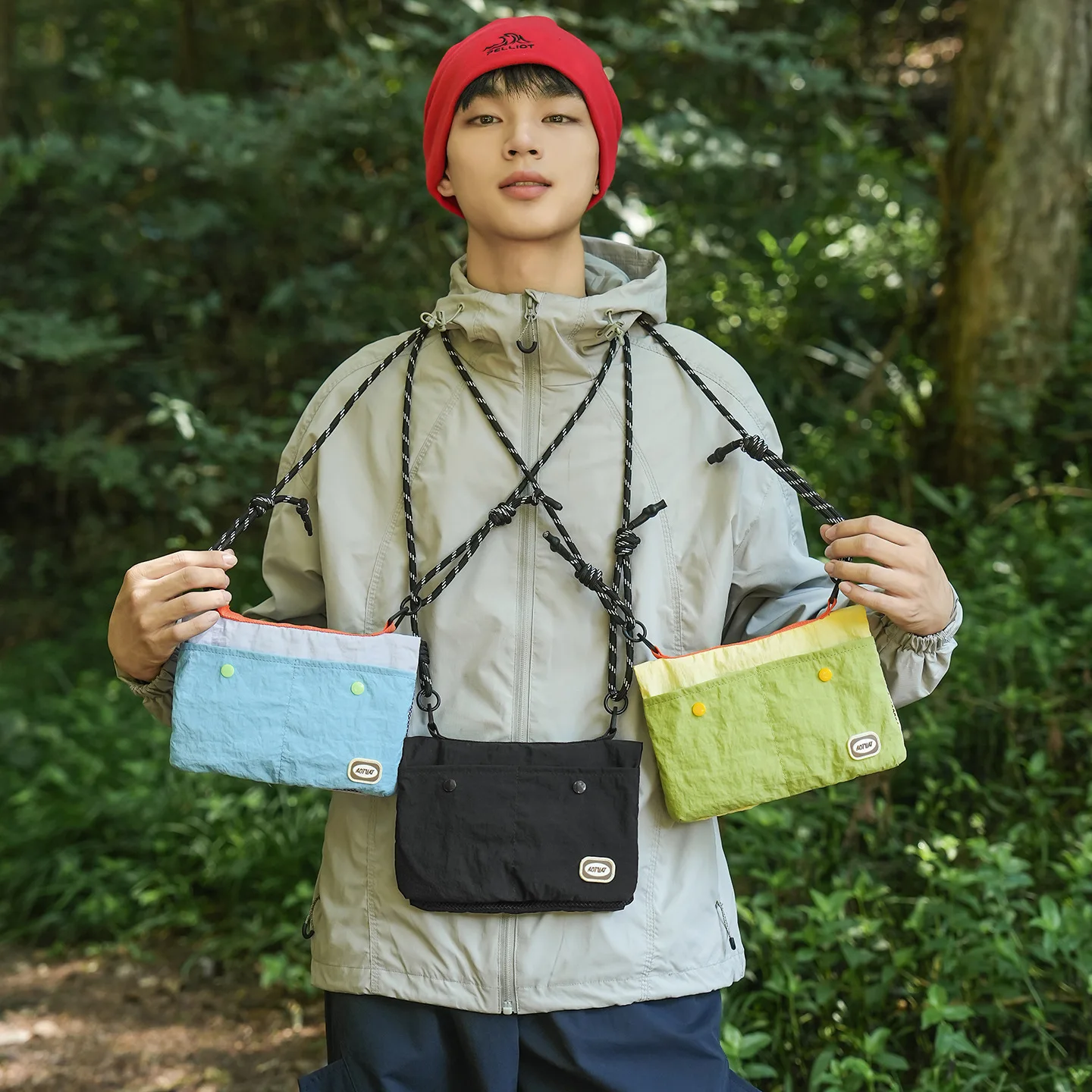 Unisex Color-Block Mini Crossbody Bag with Braided Cord Strap Lightweight Nylon Sling Purse for Outdoor Travel Daily