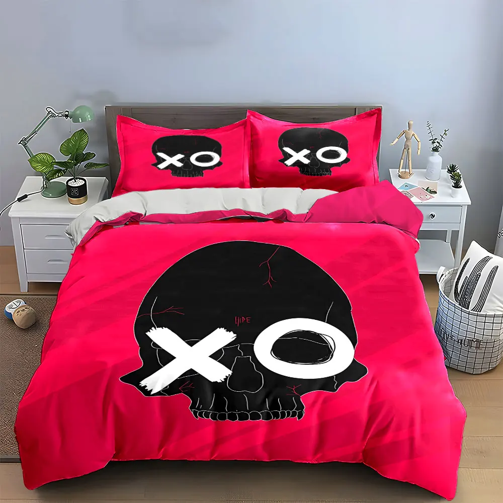 3Pcs XO Skull Bedding Set, Black Skull with White XO Eyes on Pink Background Print Duvet Cover + 2 Pillowcases, Edgy Decor