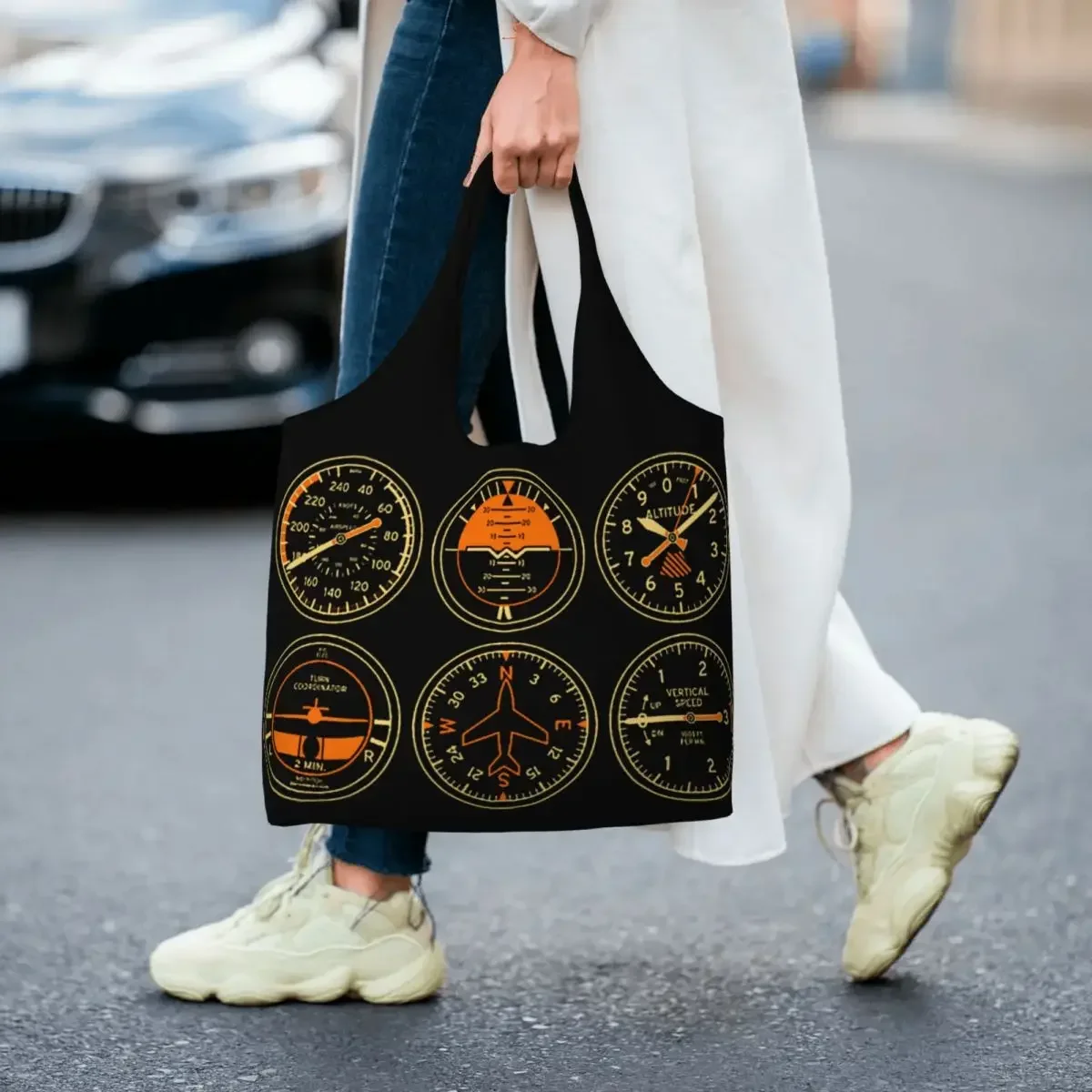 Cockpit Six Dials Flight Simulator Pilot Grocery Shopping BagsCanvas Shopper Tote Shoulder Bags Large Capacity Washable Handbag