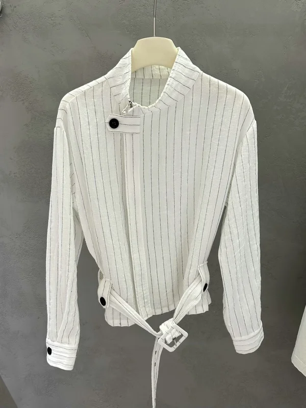 

Элегантная женская рубашка в полоску с завязками на талии, весна-лето, деловой стиль, воротник-стойка, длинный рукав, хлопковая смесь, модная