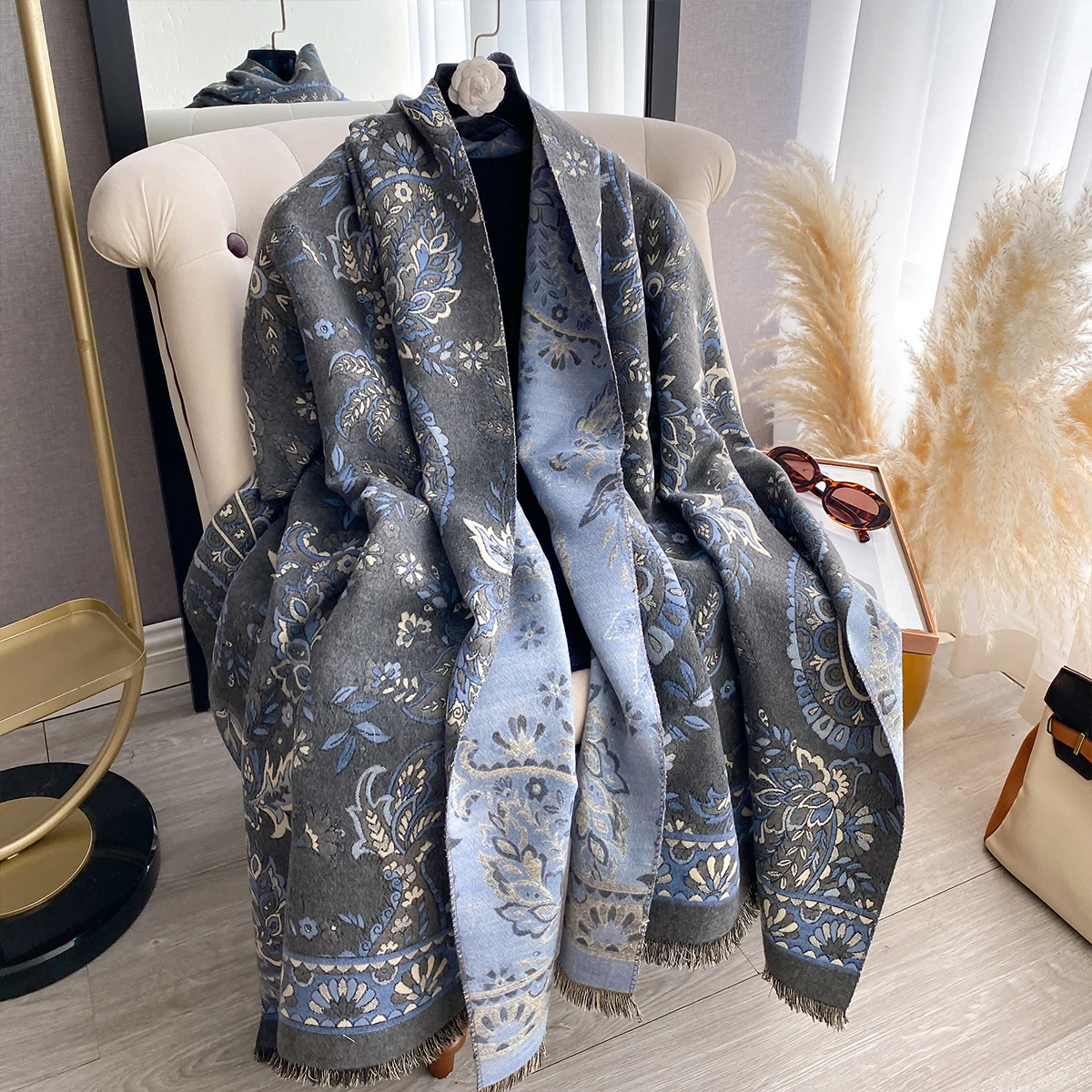 

New Print Cashmere Scarf Women Thick Winter Warm Luxury Flower Shawl Wraps Bufanda Female Pashmina Blanket Travel Poncho Stoles