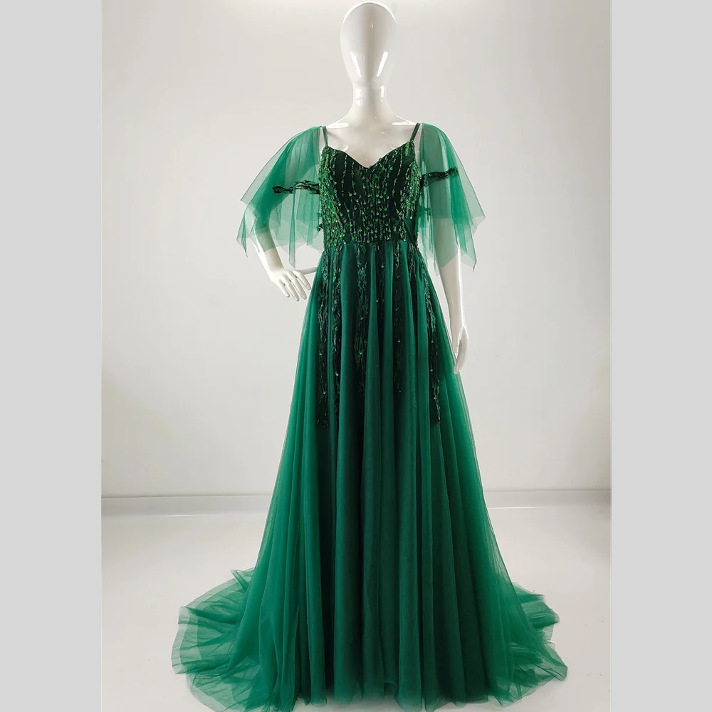 

Real Photo Evening Dress Green Embroidery Beading A-line Floor Length Plus size Lace up Quality Women Party Fromal Gown B215