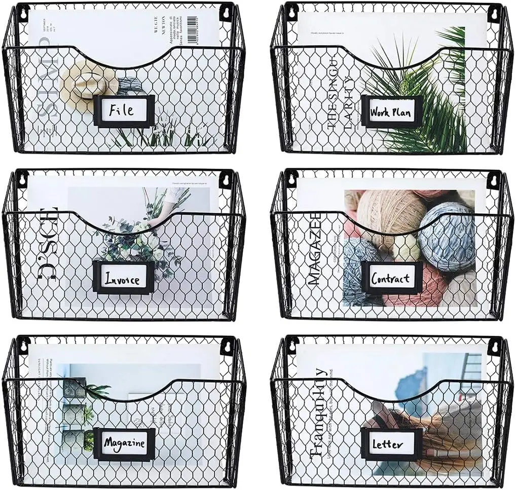 

Настенный органайзер для почты с 6 карманами, металлической полкой для журналов и прорезями для бирки черного цвета