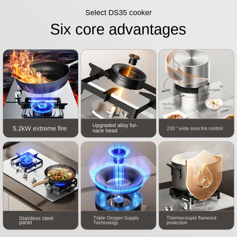 Double Gas Stove for Home Use Liquefied Gas Double Stove Strong Fire Power Easy-to-clean and Durable Stainless Steel Panel DS35