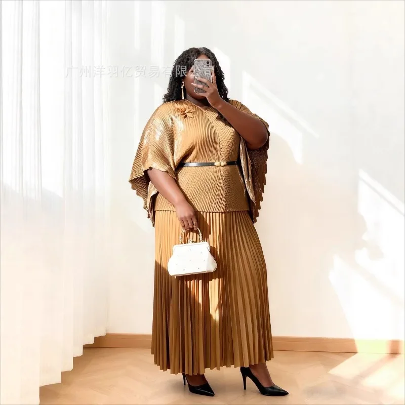 

Miyake Pleated Plisse Skirt Set 2026 Fold Spring New V-neck Bat Sleeve Print Top + Pleats Half-body Skirt 2 Sets for Women