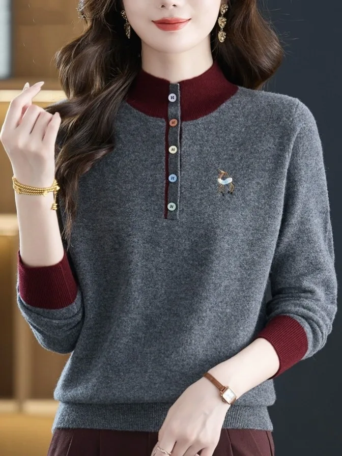 

Outlet Store Women's Loose Fit Color Blo Knit Sweater f High Collar Autumn Winter Slimming Soft Wool Blend Long Sve