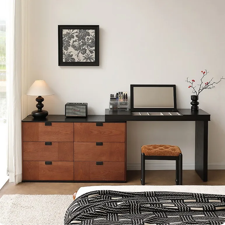 

Retro Dressing Table Bedroom Dresser Medieval Flip Mirror Scalable Rotatable Vanity Table with Mirror Makeup Cabinet Furniture