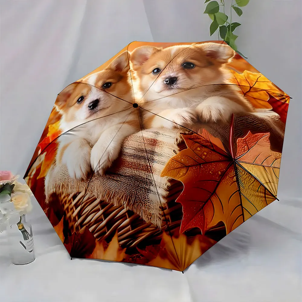 1PC Adorable Puppies on a Fall-Themed Umbrella Design Print 8 Iron Ribs Folding Umbrella Auto-Open Fashion Sunshade