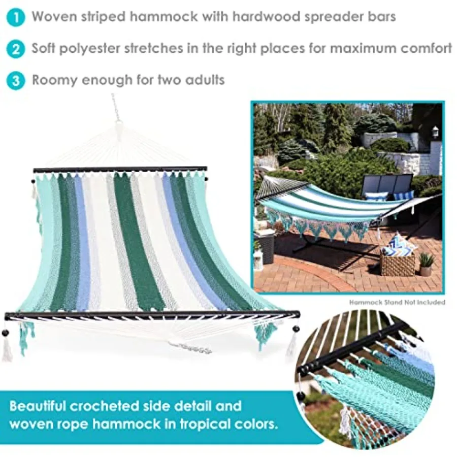 Outdoor woven cotton hammock with lagoon stripe pattern, 600 lb capacity, 2-person size, crocheted edges and spreader bars, for
