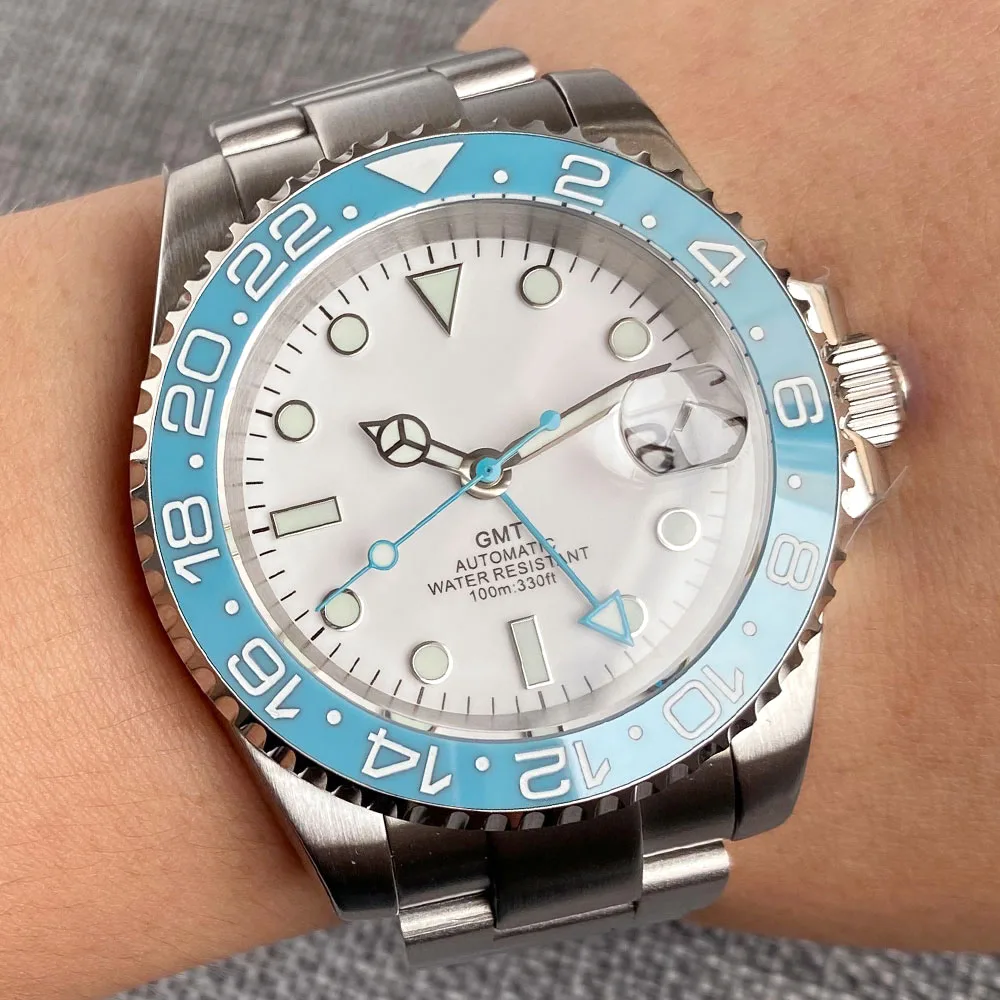 ที่กําหนดเอง 40mm Ice Blue Dial 200M กันน้ําผู้ชายนาฬิกา Selfwing NH34 GMT การเคลื่อนไหว 316L เหล็ก Diver นาฬิกาข้อมือเครื่องประดับ