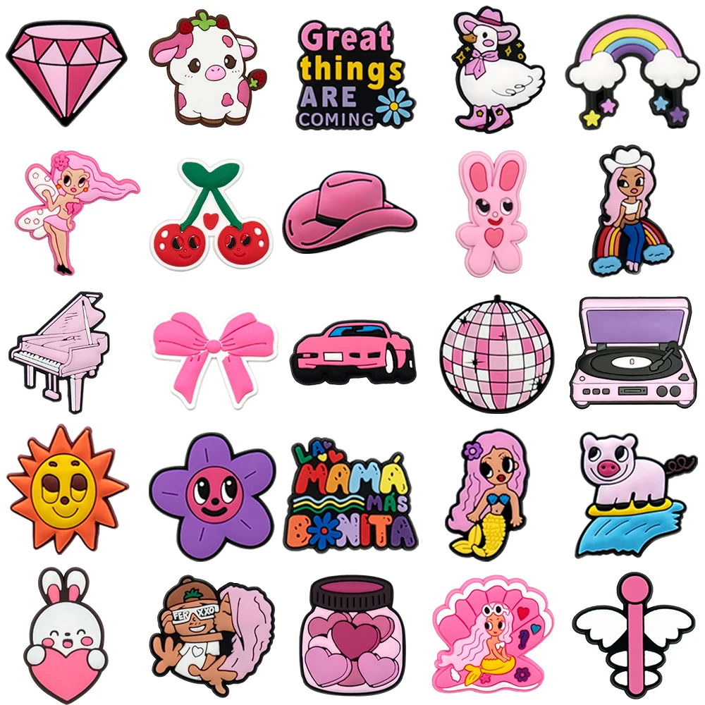 1/25PCS Pink Aesthetic PVC Shoe Charms for Clogs, Mermaid, Cherry, Disco Ball DIY Accessories for Girls & Teens Shoe Decorations