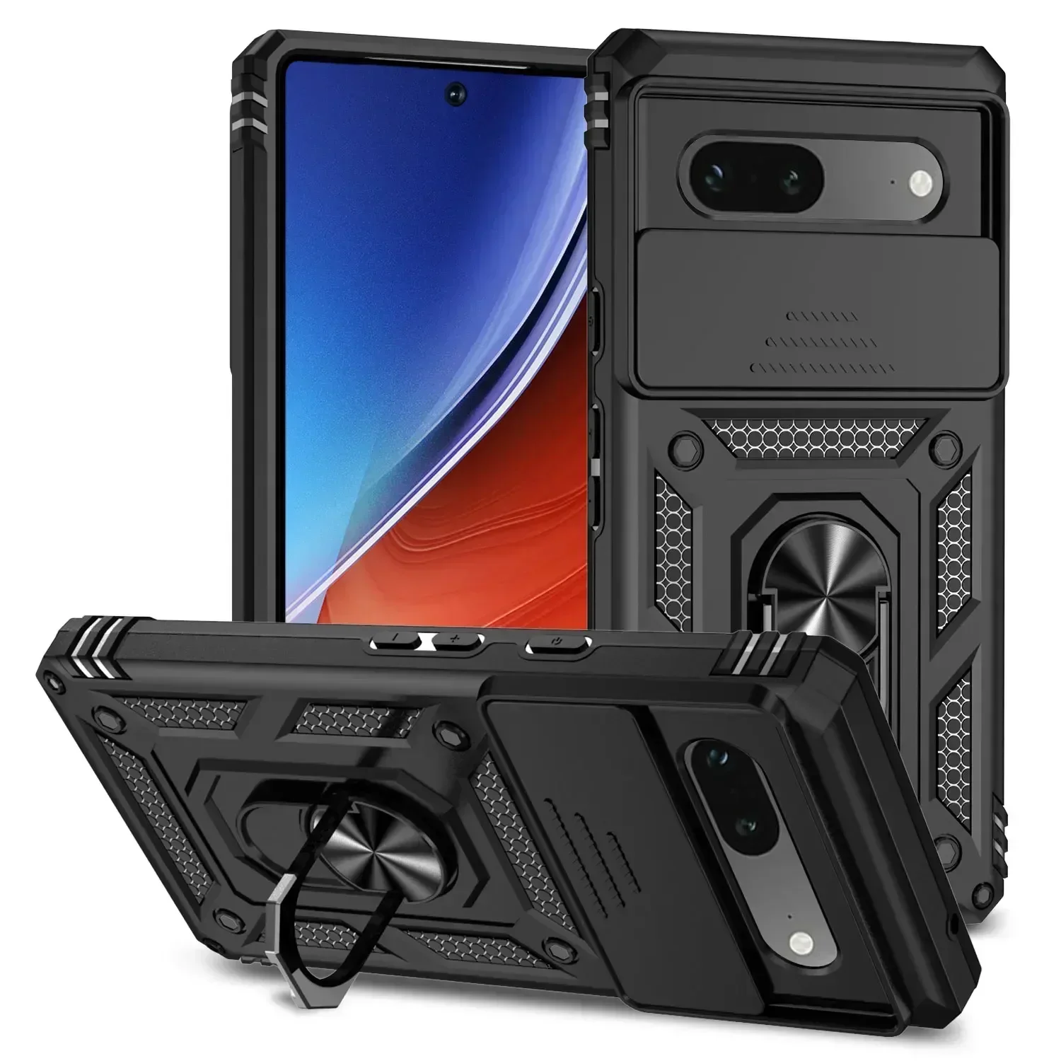 Shockproof Hybrid Dual Layer Magnetic Metal Ring stand Case For Google Pixel 9 8 7 Pro 6 6A 7A Slide Camera Lens Protetion Cover