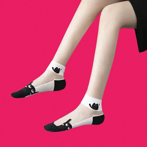 

5/10 Pairs 2024 Summer Socks Black and White Cat Glass Silk Breathable and Sweat-Absorbent Women's Short Stockings Short Socks