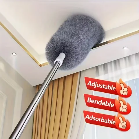 Plumeau rétractable extra-long - Manche extensible de 55,12 pouces avec tête flexible, brosse en microfibre bleue lavable et réutilisable pour les surfaces hautes