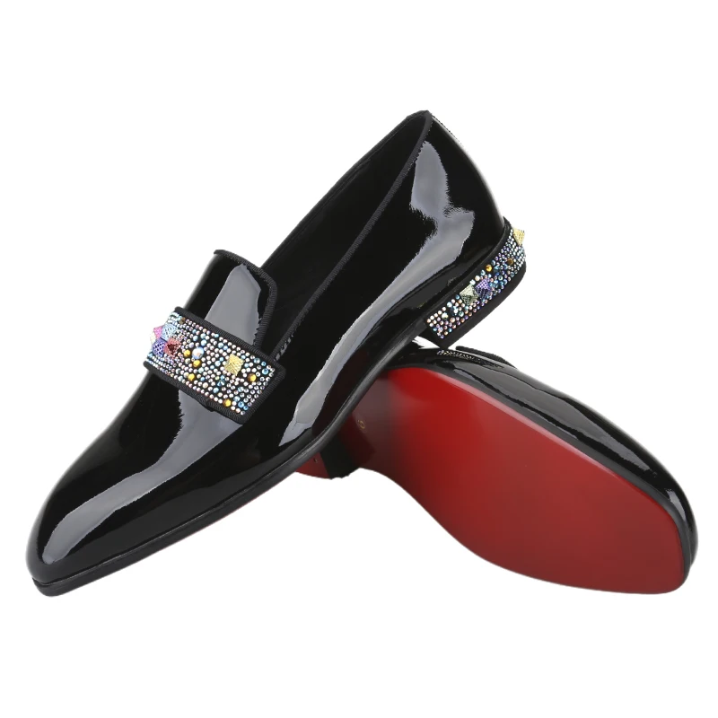 Piergitar Handmade Custom Multi-Coloured Crystal Studs Men's Loafers Luxury Brand Same Design Black Patent Leather Red Sole Shoe