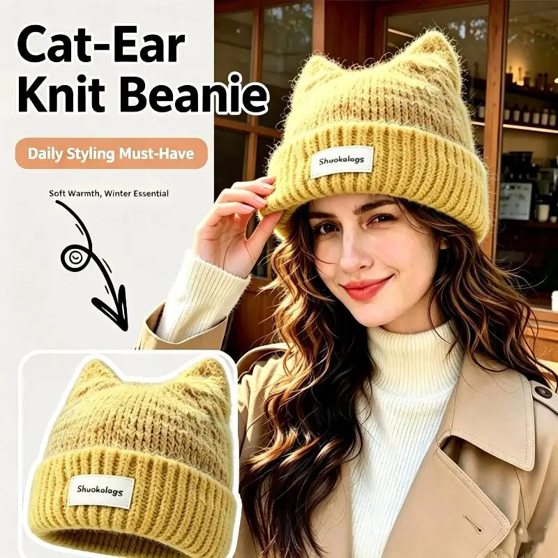 Fuzzy Knit Cat Ear Beanie With Soft Warm Plush Lining Adorable Design For Winter Daily Outings Casual Street Wear