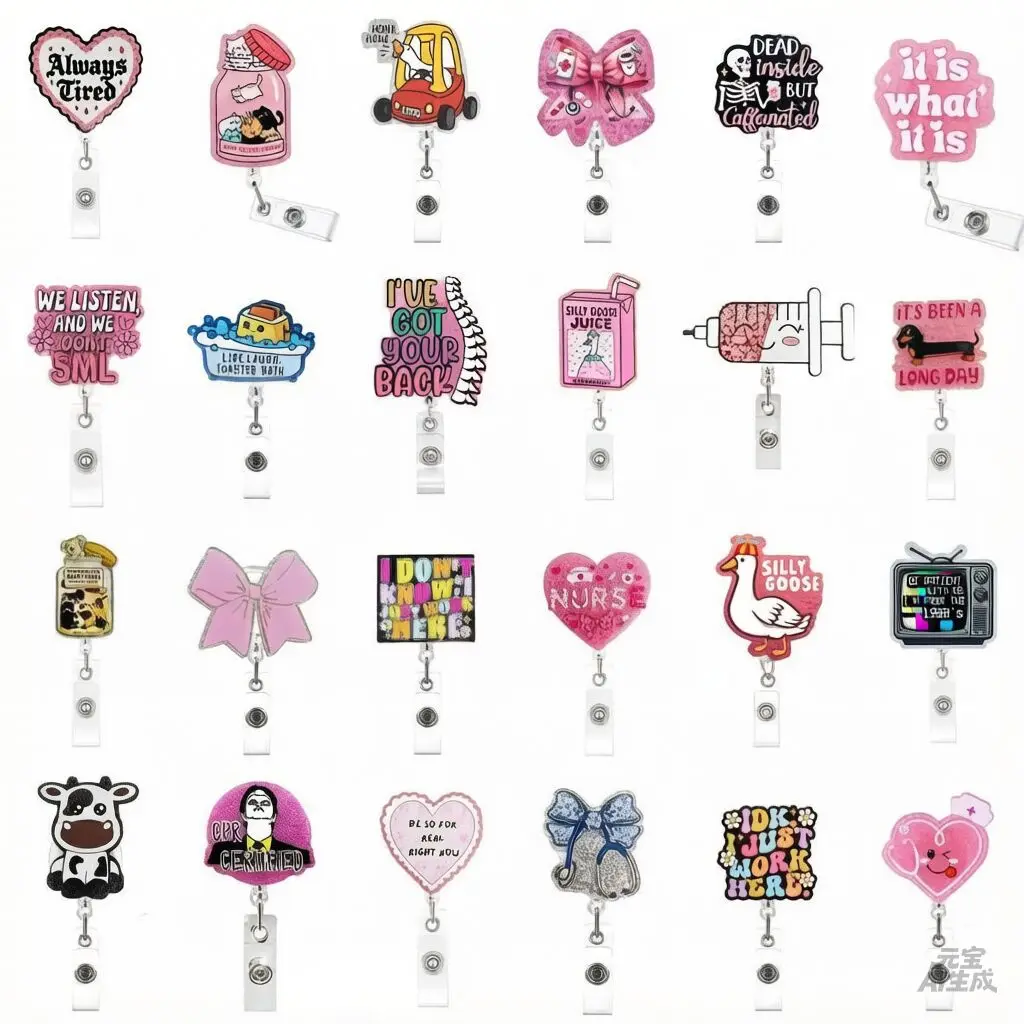 New Design 1 Piece Glitter Acrylic Funny Cat Bottle Goose Love Heart Retractable Nurse Badge Reel Student Doctor ID Card Holder
