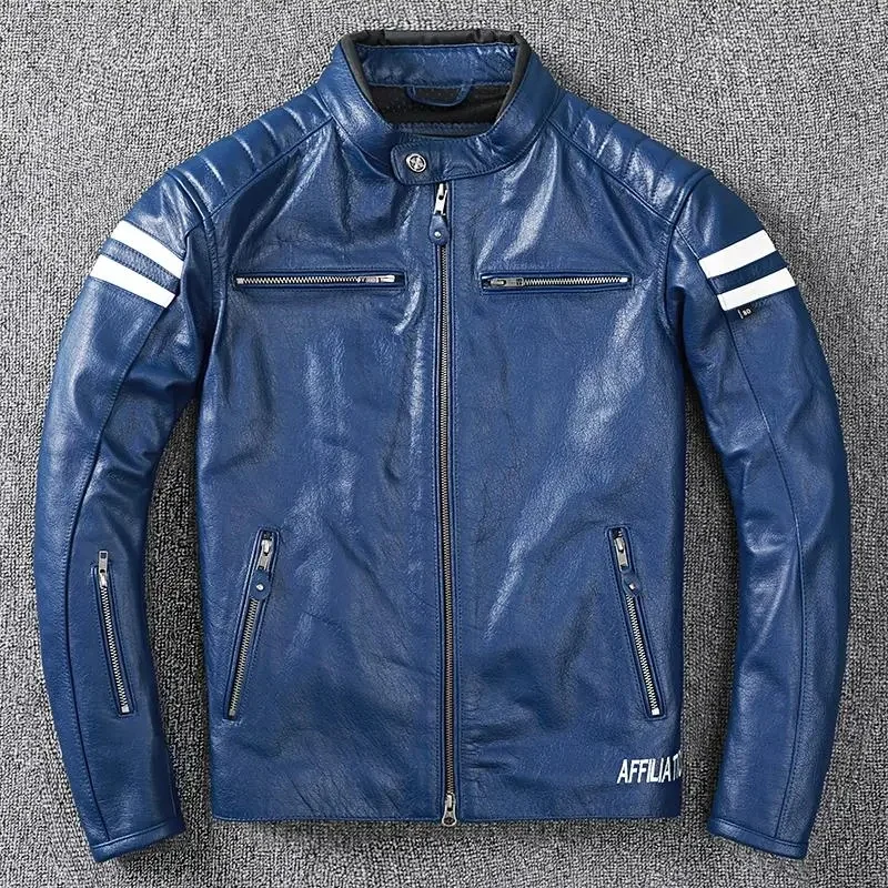 Blue Autumn Leather Jacket Men Sports Style Plus Size 3XL Genuine Natural Cowhide Stand Collar Slim Fit Leather Coat