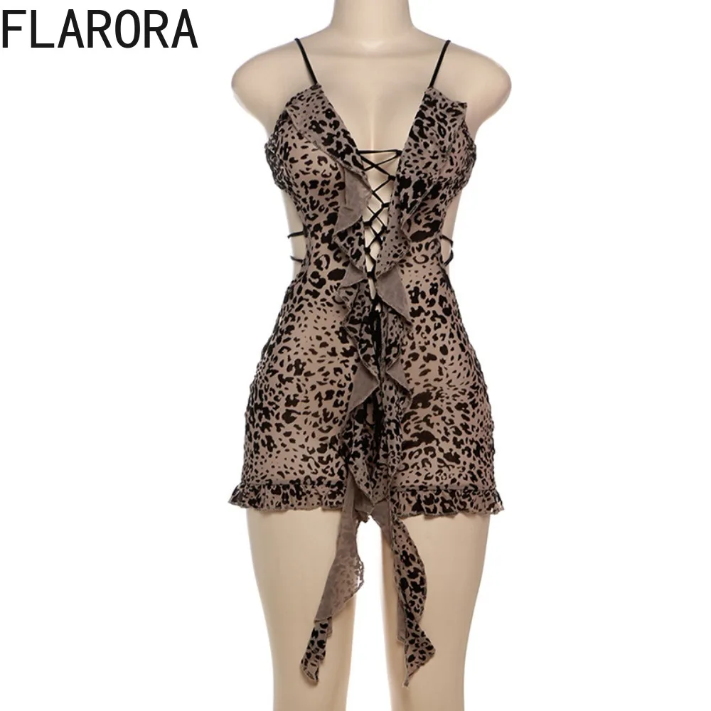 FLARORA Sexy Leopard Printing Ruffle Rompers Woman Low Neck Hollow Out Bandage Backless Skinny Romper Party Clubwear Clothing