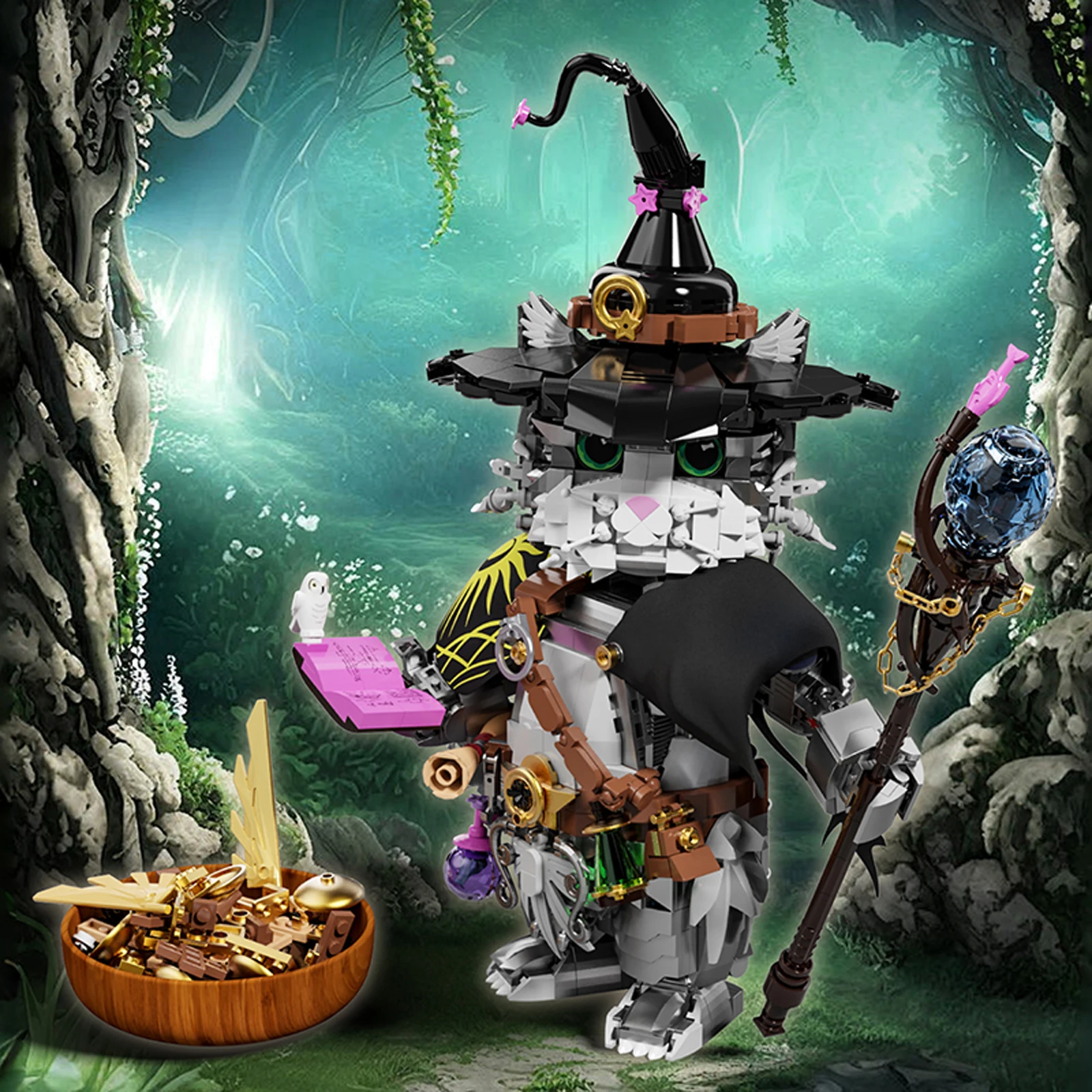 1458PCS Wizard Cat Building Blocks Magic Animal with Magic Wand Movable Joints Kids Educational Assembly Toys DIY Xmas Gift