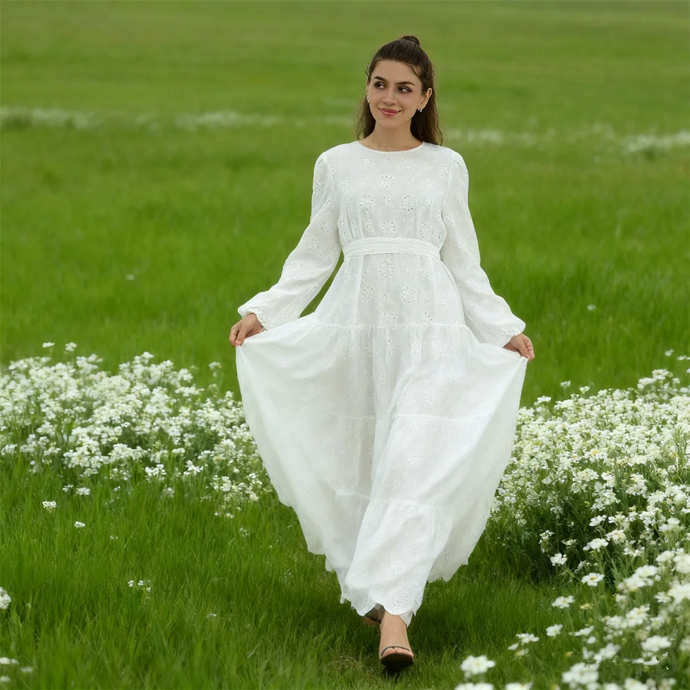 

Последняя вышивка Абая женское мусульманское белое платье Ид Дубай кафтан Рамадан исламская одежда арабский халат Femme Jalabiya кафтан платье