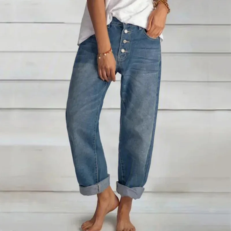 High Waist Blue Washed Women's Straight Pants Spring and Autumn New Loose Casual Simple and Versatile Skinny Jeans Baggy Jeans