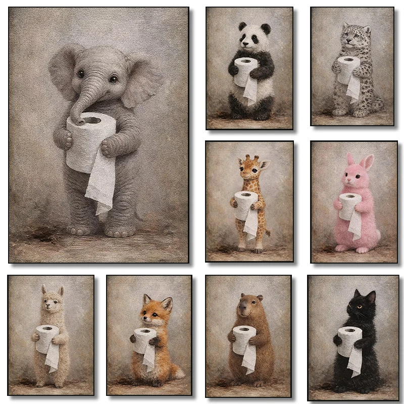 Whimsical Cute Animals Holding Toilet Paper Posters Funny Bathroom Modern Prints Canvas Wall Art Pictures Home Living Room 