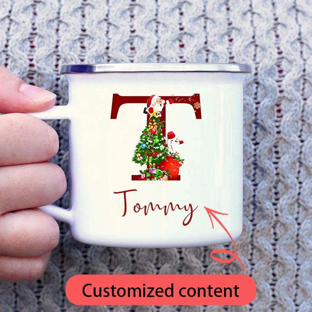 2026 New Kids Personalized Christmas Enamel Mug, Custom Name Santa Alphabet Design Camping Cup, Christmas Eve Keepsake Gift.