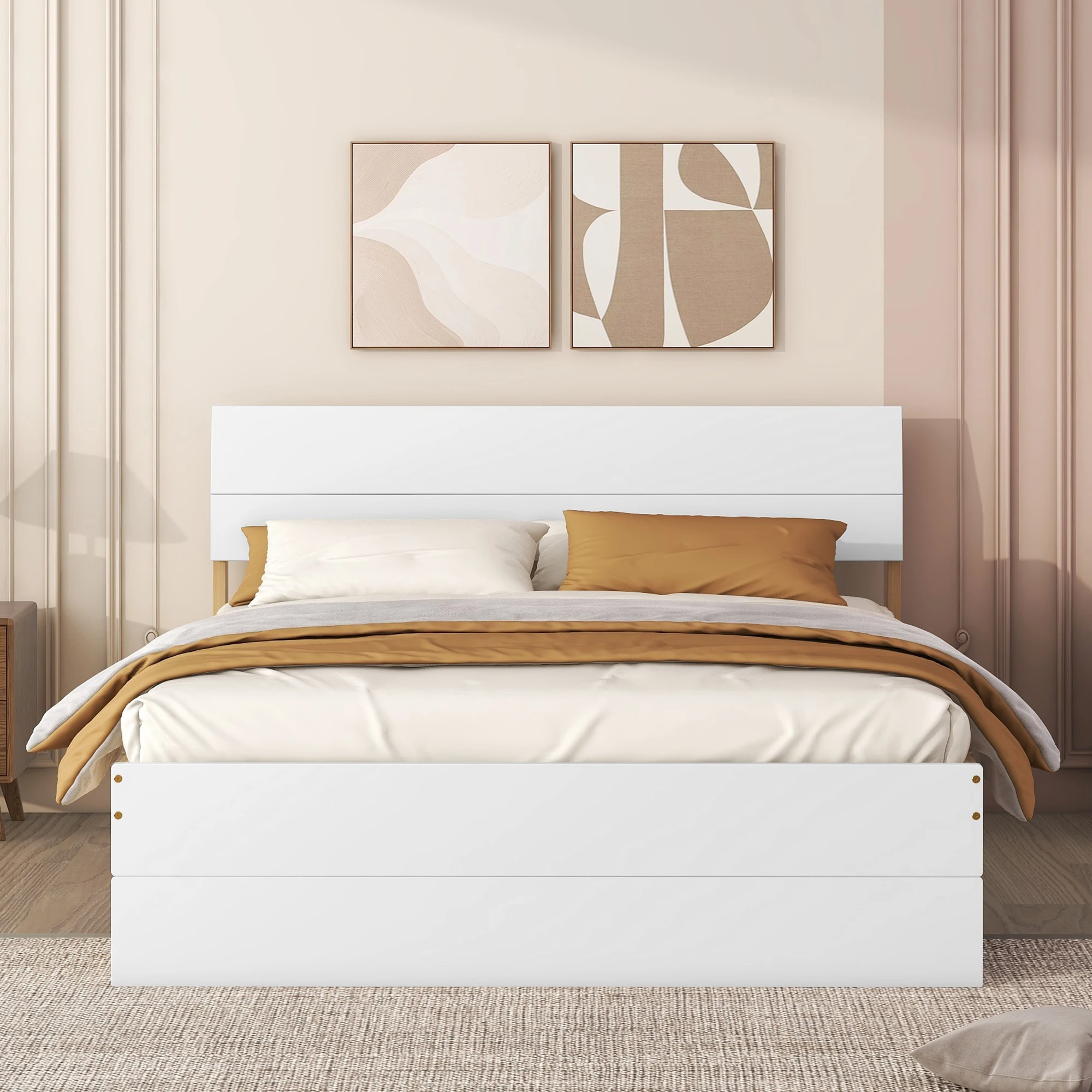 Modern Full Bed Frame With Twin Size Trundle And 2 Drawers For White High Gloss With Light Oak Color