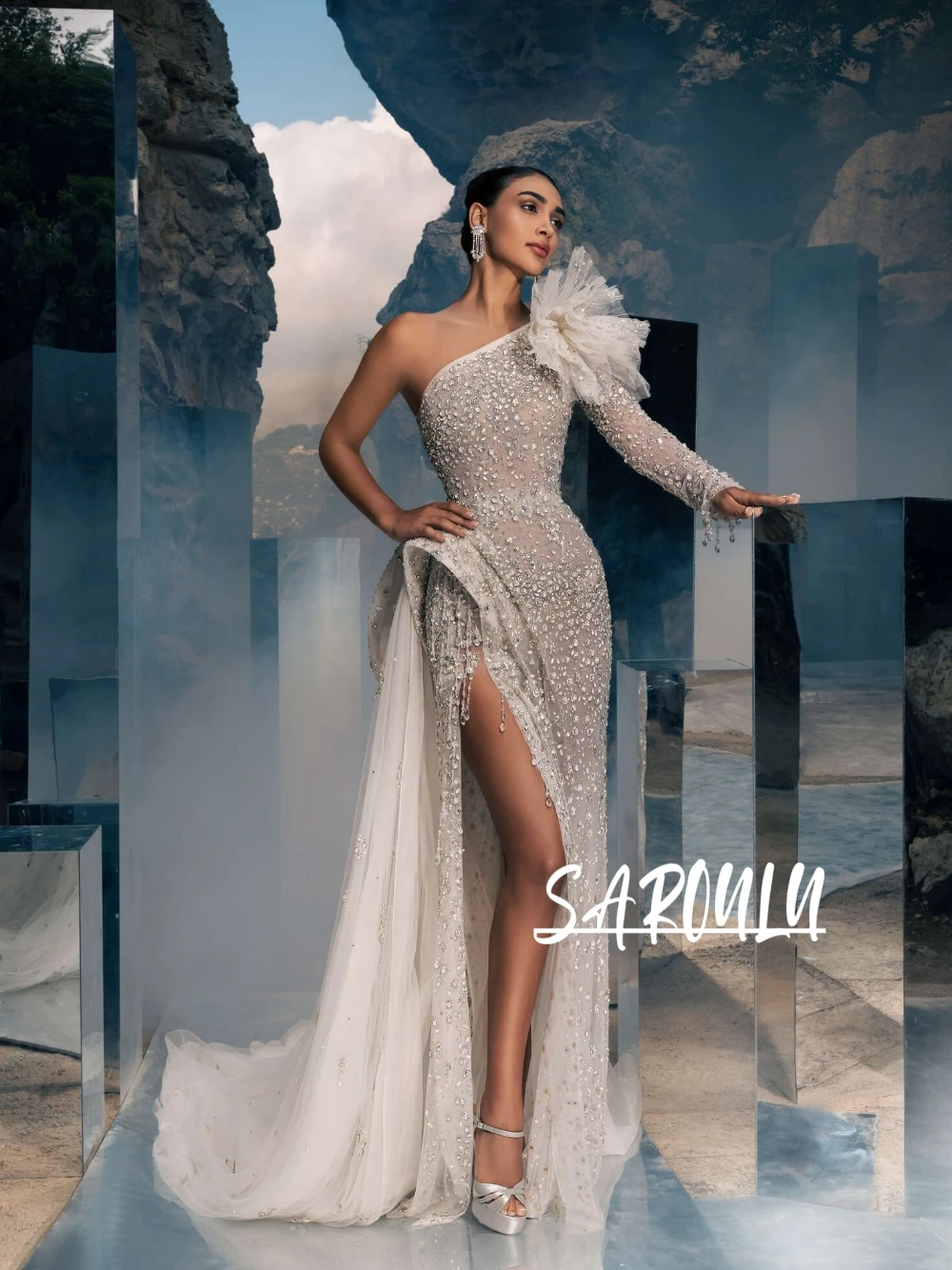 Newest One Shoulder Mermaid Evening Dress With Train Luxury Heavy Rhinestone Beaded High Slit 3D Floral Prom Gown Customized
