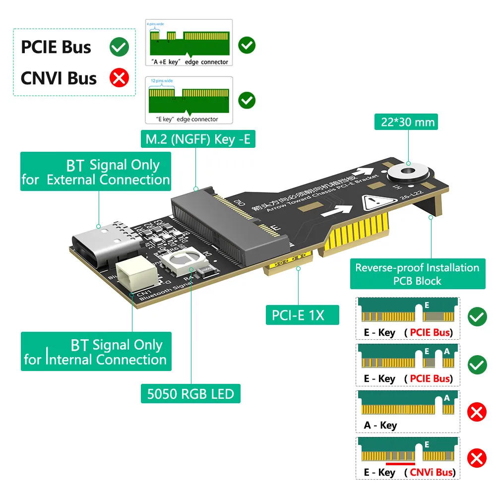M.2 NGFF Key‑E to PCI‑E X1 Adapter Card with ambient RGB LED, Convert M.2 E‑Key wireless BT Module