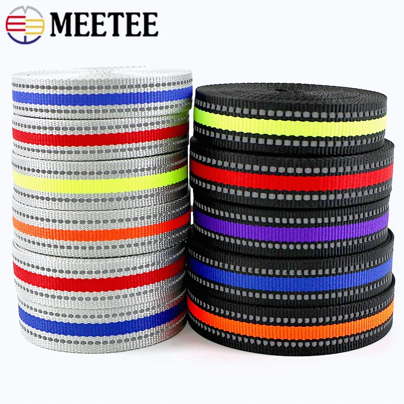 

10/20M Meetee Reflective Webbing 15/20/25mm Dog Collar Nylon Ribbon Tape Shoulder Bag Strap Belt Bias Binding Sewing Supplies