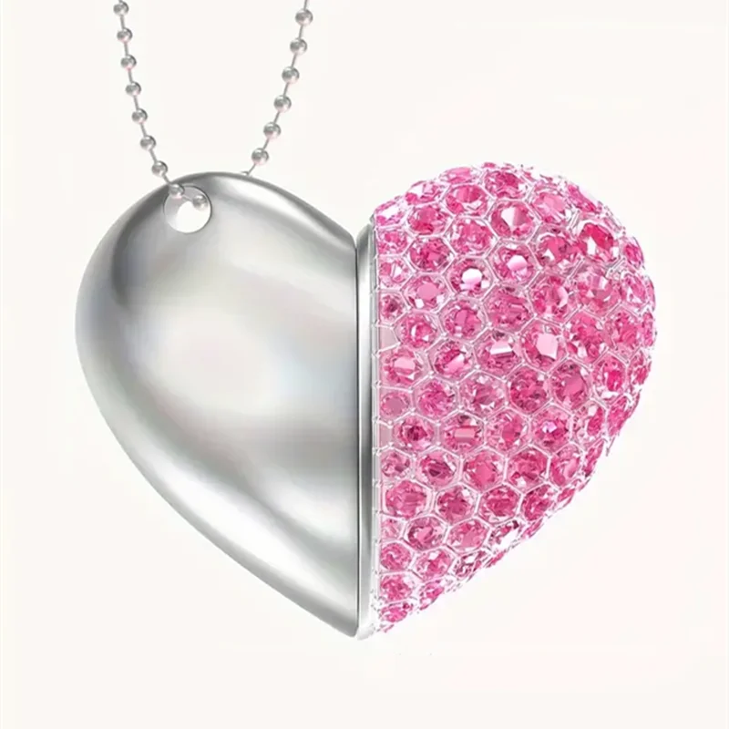 LOGO con incisione laser personalizzato gratuito Metallo argentato Modello cuore di cristallo rosa Chiavetta USB 2.0 ad alta velocità 4 GB 8 GB 16 GB 32 GB 64 GB