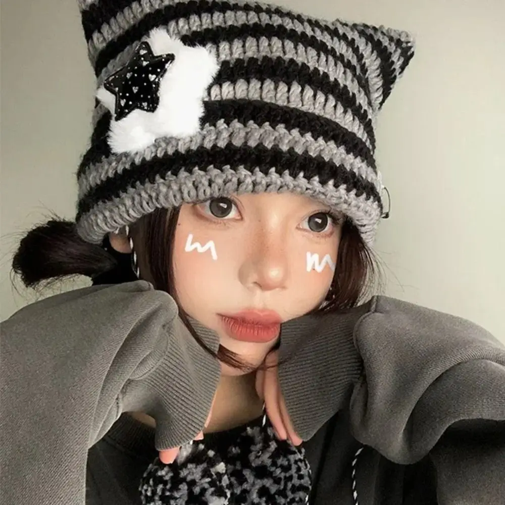Ears Pointed Pullover Y2K Cute Y2K Beanie Hat Striped Star Devil Hat Devil Ear Cat Autumn Winter