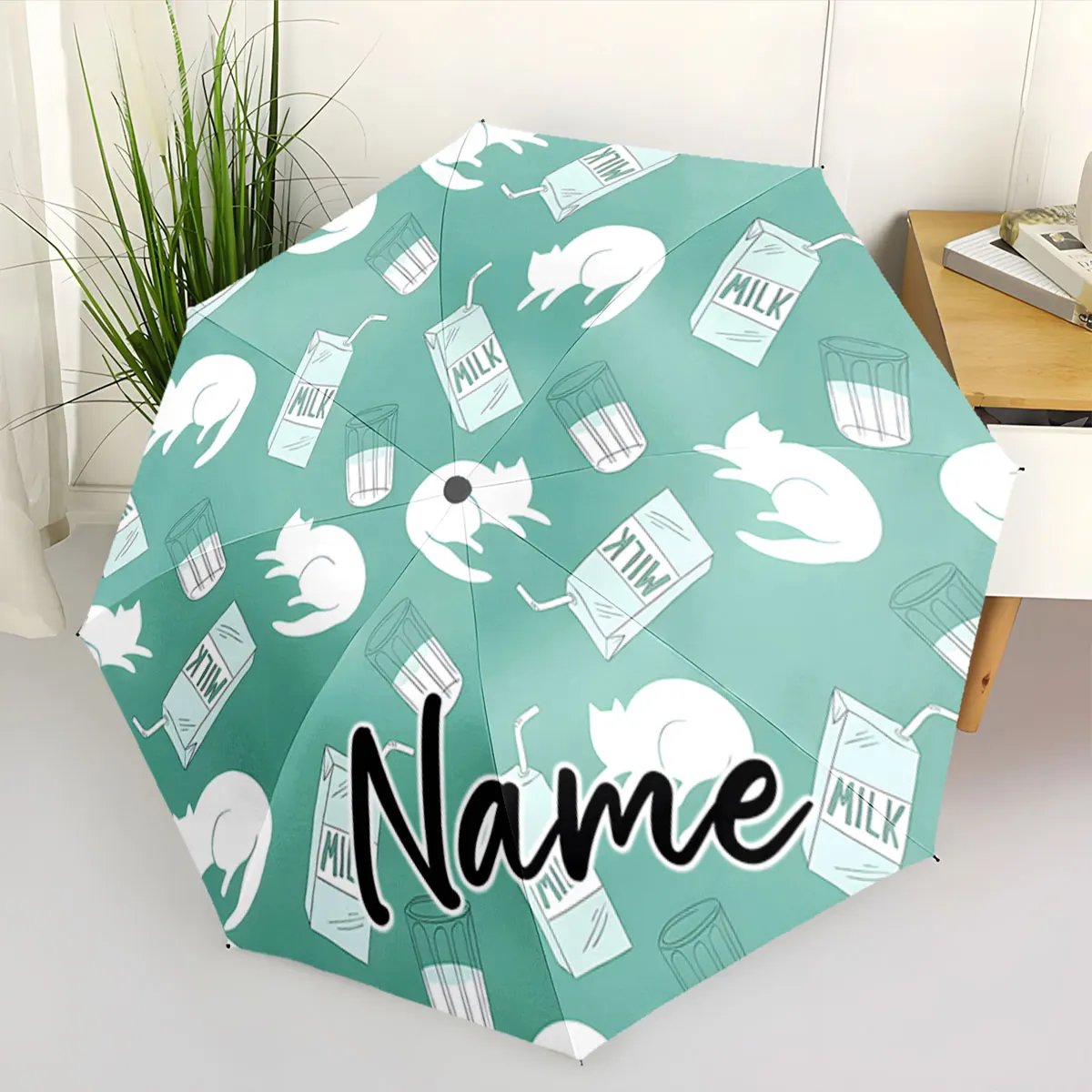 Custom Name Cute green umbrella with cat and milk carton design Print 8 Iron Ribs Folding Umbrella Auto-Open Fashion Sunshade