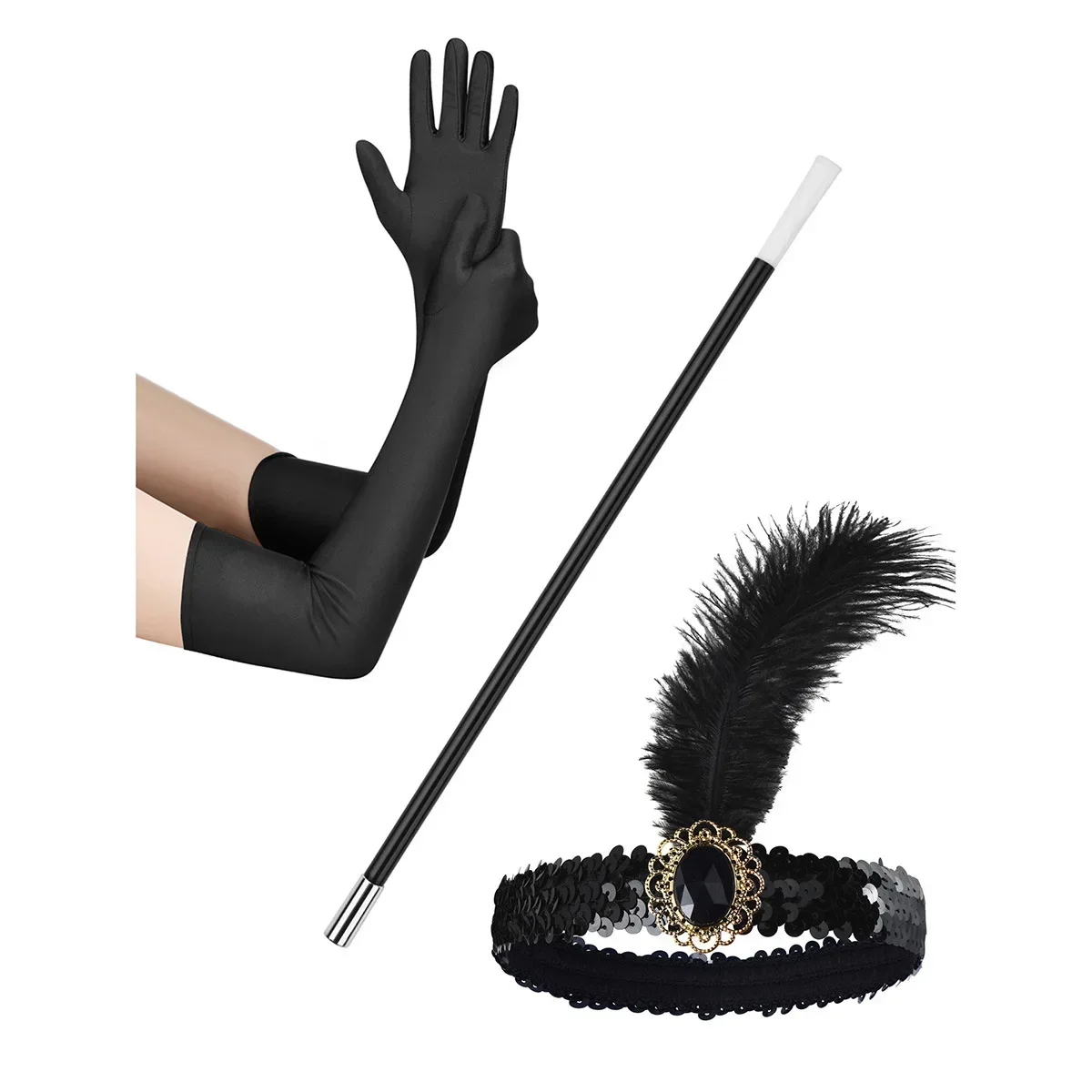 1920s Feather Headpiece Black, Crystal Elastic Headband, Great Gatsby Hair Accessories, Glove Smoke Stick Set