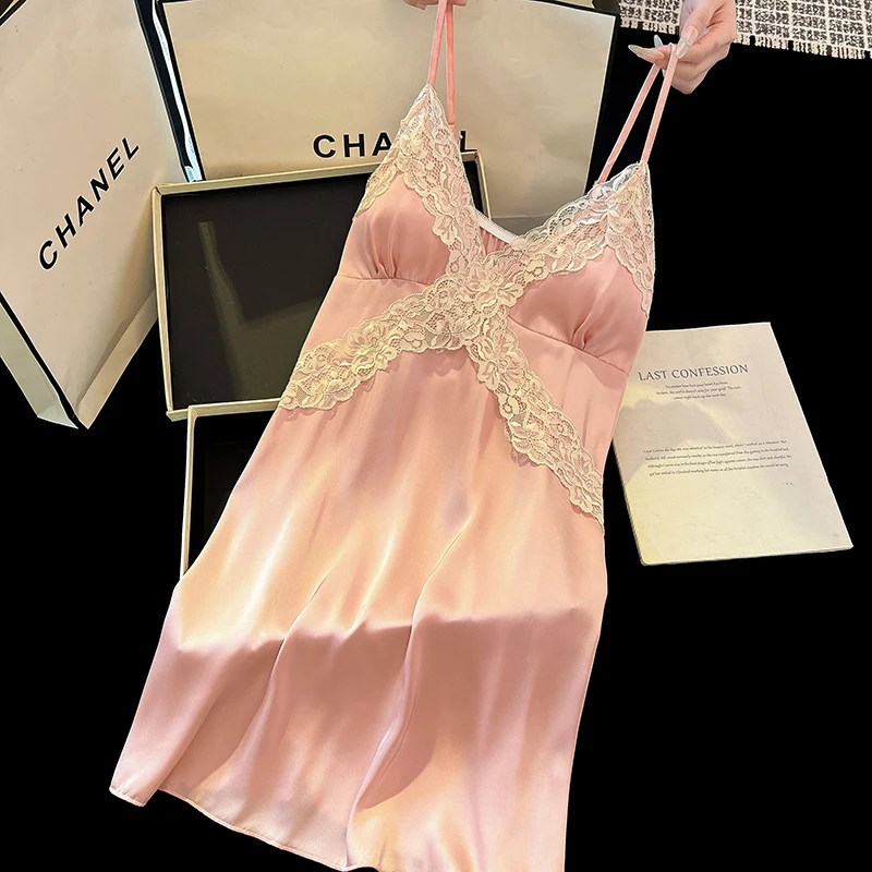 DAIMELU sexy ice silk nightdress women's summer cold bean paste powder with chest pad sleepwear skirt pajamas lady nightgown