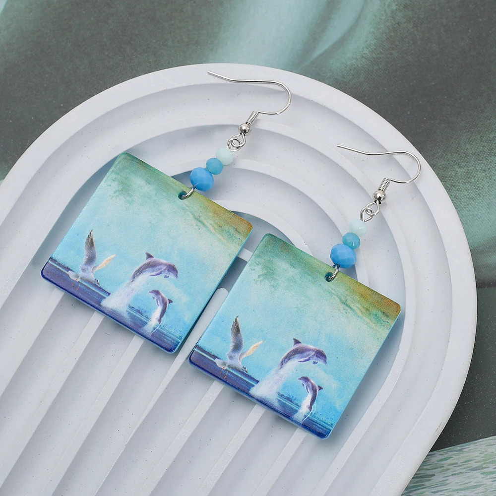 Fashion Beach Summer Vacation Style Dolphin Seagull Relievo Printing Blue Acrylic Earrings For Women Casual Cute Girls Jewelry