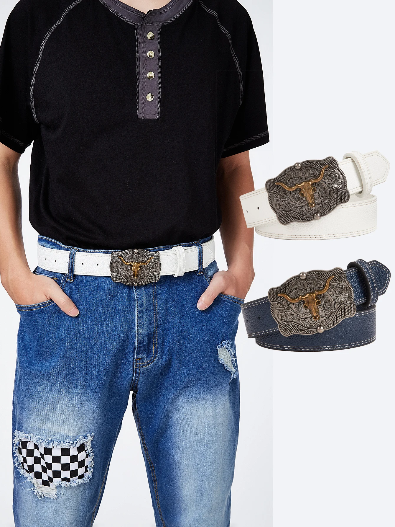 1 PC Men's VINTAGE Casual แฟชั่นสีเทา OX ดอกไม้แกะสลักโลหะ BUCKLE Litchi Texture เข็มขัดสําหรับกางเกงยีนส์