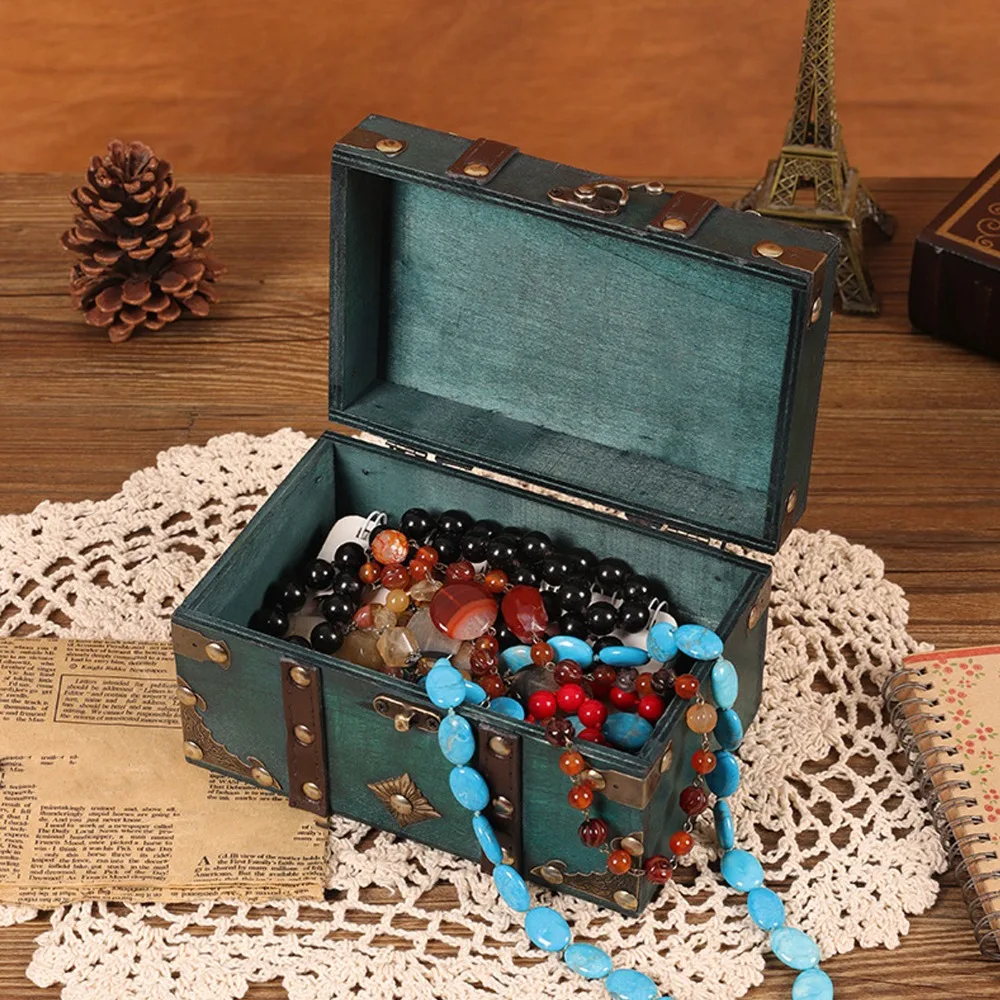 2PCS Jewelry Boxes With Lock Wooden Storage Box Antique Green Treasure Chest Box Jewelry Organizer Box Photography Prop