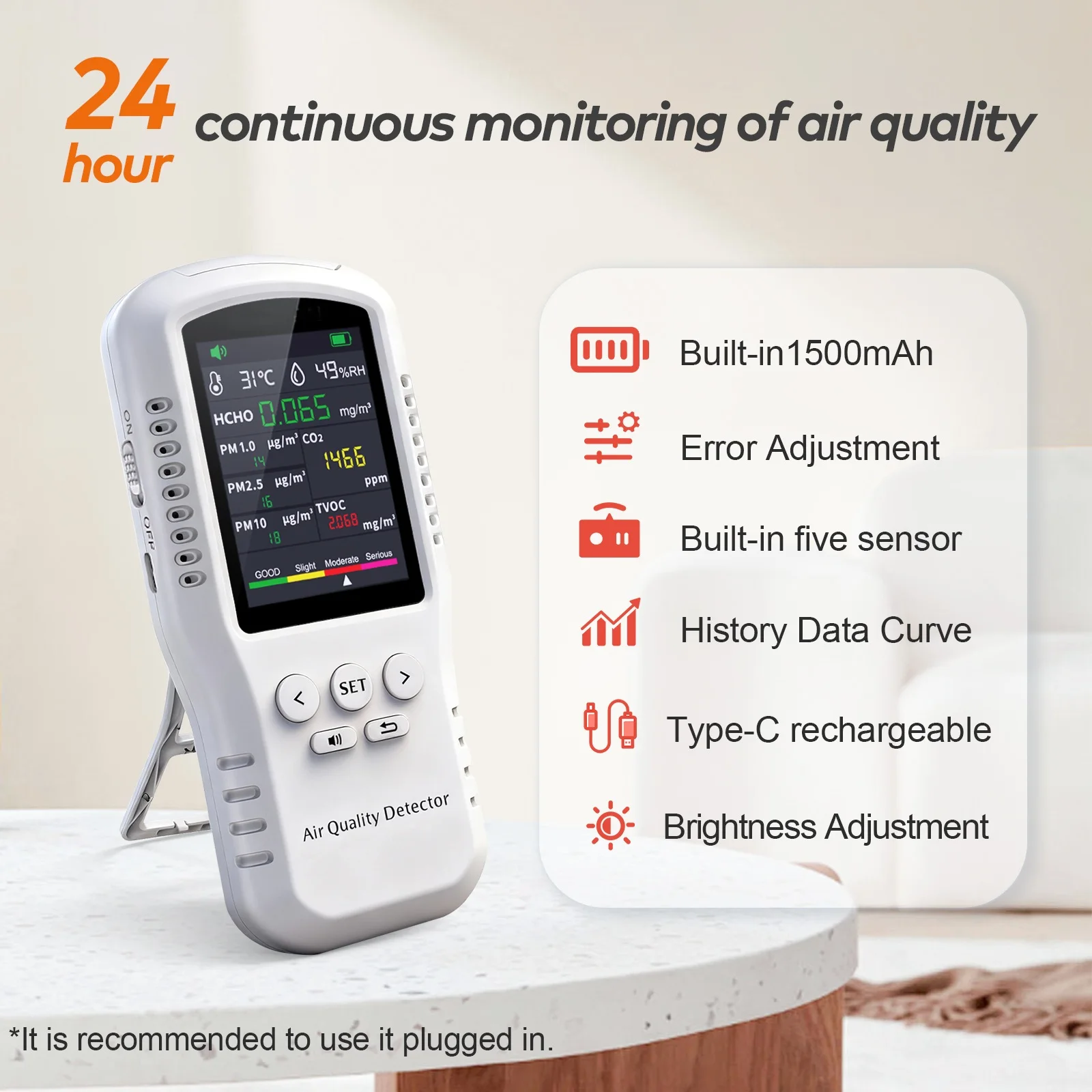 Air Quality Monitor 6‑in‑1 Detector HCHO TVOC CO2 PM2.5 PM10 PM1.0 Tester LCD Color Screen Voice Alarm Indoor Home Car Air Quality Detector view 4