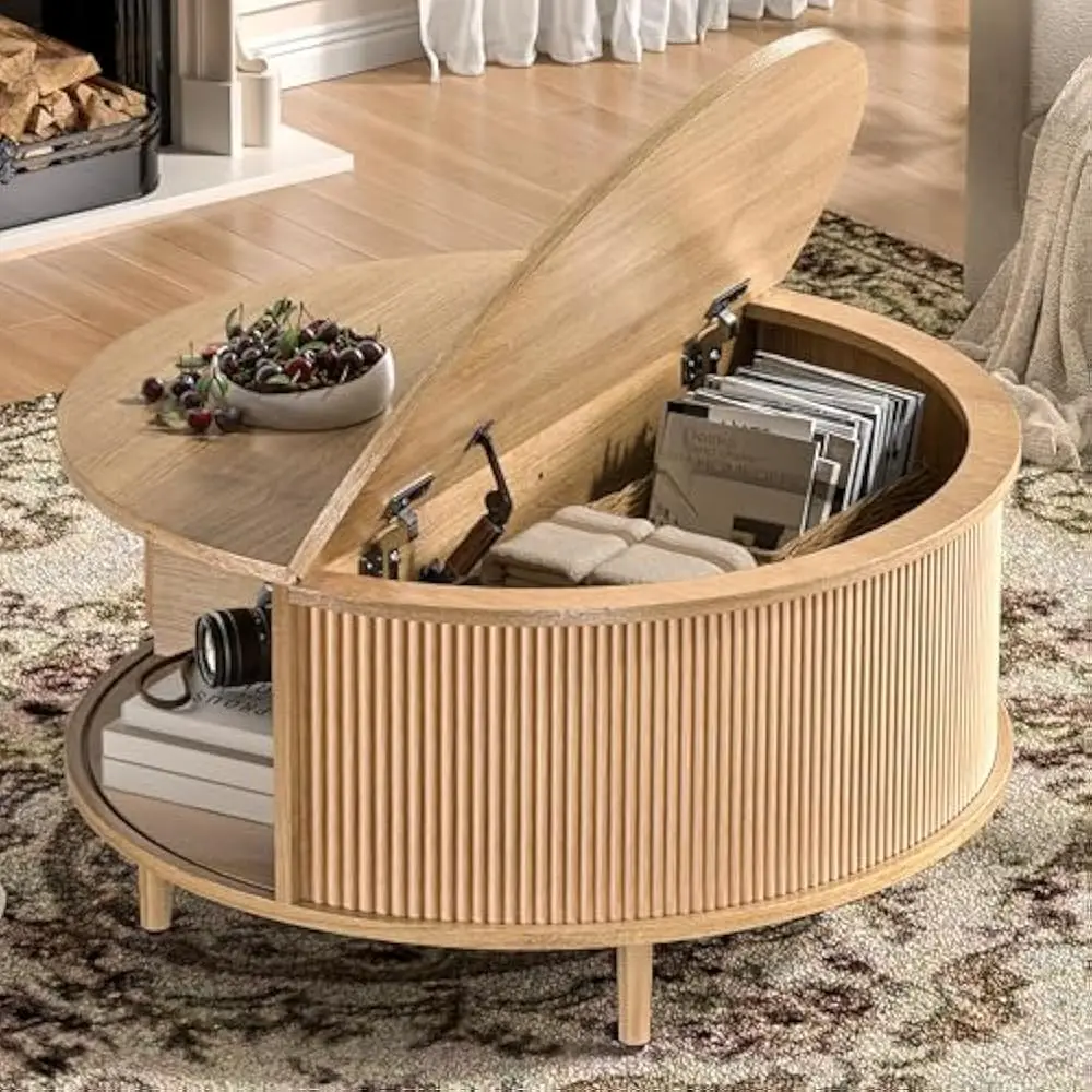 طاولات قهوة مستديرة مقاس 31.5 بوصة مع مساحة تخزين، طاولة طعام حديثة في منتصف القرن مع باب خزانة منزلق لغرفة المعيشة وطاولة صغيرة