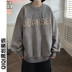 New original three dimensional letter suede sweatshirt for men in autumn trendy American retro large size loose round neck top