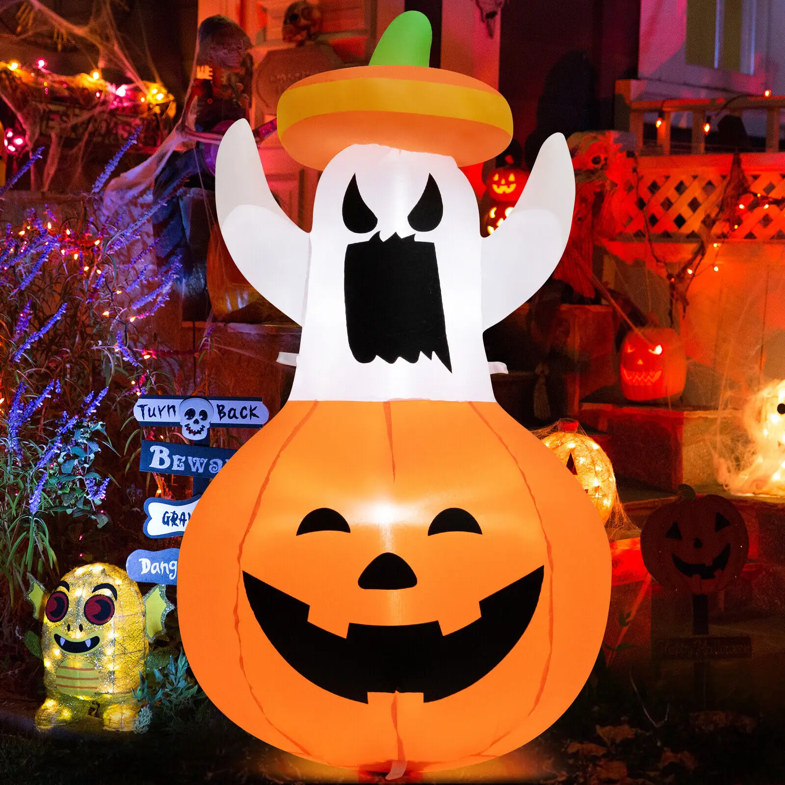 Costway 4FT Halloween Inflatable Decoration Ghost w/ Hat & Pumpkin Lantern