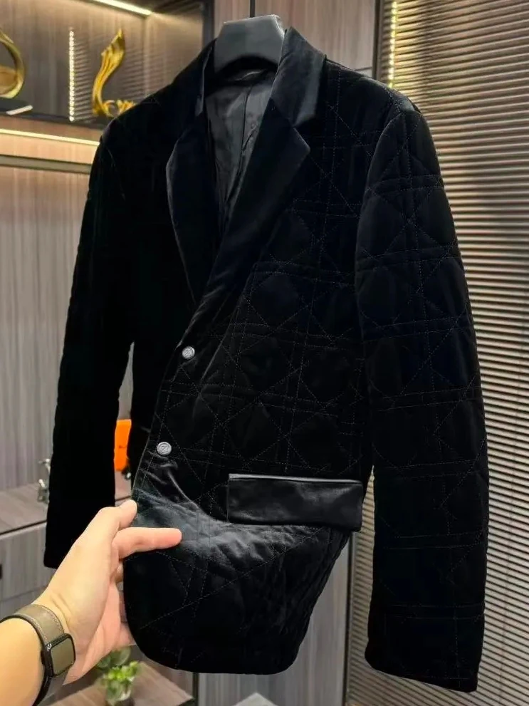 

Casual Silk Velvet Cotton Teaded Men's Suit Winter Faion Urban Sle Long Sve Busin Casual Classic Fit Single Button